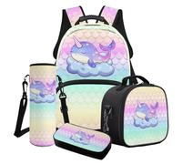 LACIYISON Ensemble sac à dos 4 pièces avec sac à déjeuner, boîte à crayons, sac à bouteille d'eau, sacoche étanche pour enfants, cadeau pour la rentrée scolaire, Écailles de sirène dégradées dauphin