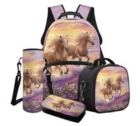 LACIYISON Ensemble sac à dos 4 pièces avec sac à déjeuner, boîte à crayons, sac à bouteille d'eau, sacoche étanche pour enfants, cadeau pour la rentrée scolaire, Cheval sauvage fleur rose, Taille
