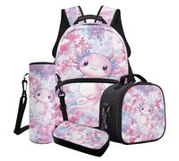 LACIYISON Ensemble sac à dos 4 pièces avec sac à déjeuner, boîte à crayons, sac à bouteille d'eau, sacoche étanche pour enfants, cadeau pour la rentrée scolaire, Axolotl Rose Coral Pearl, Taille