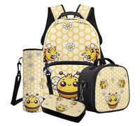 LACIYISON Ensemble sac à dos avec motif abeille et marguerites pour adolescentes, filles, sac à déjeuner, trousse à crayons, pochette pour bouteille d'eau, Cartoon Bee Grille en nid d'abeille