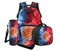 LACIYISON Ensemble sac à dos avec sac à déjeuner, trousse à crayons et housse pour bouteille d'eau, Ballon de basket flamme bleu rouge feu, Taille unique, Ensemble cartable
