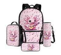 LACIYISON Ensemble sac à dos de 43,2 cm avec sac à déjeuner, sacoche légère isotherme avec trousse à crayons et sac de transport pour bouteille d'eau, Note de musique pour guitare Axolotl Rose, Taille