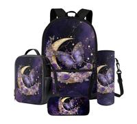 LACIYISON Ensemble sac à dos de 43,2 cm avec sac à déjeuner, sacoche légère isotherme avec trousse à crayons et sac de transport pour bouteille d'eau, Violet Doré Rose Lune Papillon Marbre, Taille