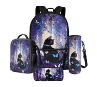 LACIYISON Ensemble sac à dos de 43,2 cm avec sac à déjeuner, sacoche légère isotherme avec trousse à crayons et sac de transport pour bouteille d'eau, Chat noir papillon vigne violette, Taille unique