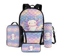LACIYISON Ensemble sac à dos de 43,2 cm avec sac à déjeuner, sacoche légère isotherme avec trousse à crayons et sac de transport pour bouteille d'eau, Écailles de sirène Axolotl, Taille unique