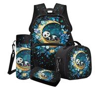 LACIYISON Ensemble sac à dos de voyage pour enfants avec sac à déjeuner, trousse à crayons, housse pour bouteille d'eau, sac à livres léger 4 pièces, Moon Star Floral Butterfly Panda, Taille unique