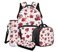 LACIYISON Ensemble sac à dos léger avec boîte à déjeuner, trousse à crayons, pochette pour bouteille d'eau, sac à dos de voyage pour école junior, Fraise Union Jack Spot, Taille unique, Ensemble