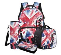 LACIYISON Ensemble sac à dos léger avec boîte à déjeuner, trousse à crayons, pochette pour bouteille d'eau, sac à dos de voyage pour école junior, Aquarelle Union Jack Clavier piano Note de musique