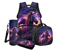 LACIYISON Ensemble sac à dos pour enfant, cartable, sac à dos de voyage, sac à dos imperméable avec sac à déjeuner, boîte à crayons, sac de transport pour bouteille d'eau, Tache de cheval sauvage