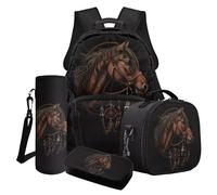 LACIYISON Ensemble sac à dos pour enfant, cartable, sac à dos de voyage, sac à dos imperméable avec sac à déjeuner, boîte à crayons, sac de transport pour bouteille d'eau, Attrape-rêves cheval sauvage