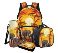 LACIYISON Lot de 4 sacs à dos avec sac à déjeuner, trousse à crayons et pochette pour bouteille d'eau, sac à dos de voyage pour garçons et filles, Sun Bird Arbre à pain éléphant, Taille unique