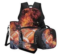 LACIYISON Lot de 4 sacs à dos d'école primaire pour adolescents et garçons, sac à dos de voyage, sac à déjeuner, trousse à crayons, sac à bouteille d'eau, Rugby Water Fire, Taille unique, Ensemble
