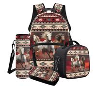 LACIYISON Sac à dos pour enfant avec sac à déjeuner, boîte à crayons, sac de transport pour bouteille d'eau, Géométrie de cheval sauvage tribal aztèque, Taille unique, Ensemble cartable