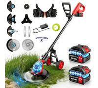 Lacoco Tondeuse à gazon électrique sans fil avec roues 800 W 30,5 cm de largeur de coupe avec batterie 2 x 3,0 Ah et chargeur, coupe-herbe, 4 types de lames Weed Wacker, sifflet portable, outil de