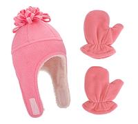 LACOFIA Bonnet en Molleton Chaud pour Bébé Fille Ensemble Chapeau et Moufle de Pilote d'hiver à Oreillettes pour Enfants Rouge Pastèque 0-18 Mois