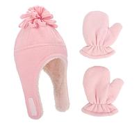 LACOFIA Bonnet en Molleton Chaud pour Bébé Fille Ensemble Chapeau et Moufle de Pilote d'hiver à Oreillettes pour Enfants Rose 1-3 Ans