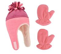 LACOFIA Bonnet en Molleton Chaud pour Bébé Fille Ensemble Chapeau et Moufle de Pilote d'hiver à Oreillettes pour Enfants Rouge Pastèque/Violet 0-18 Mois