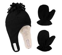 LACOFIA Bonnet en Molleton Chaud pour Bébé Garçon Ensemble Chapeau et Moufle de Pilote d'hiver à Oreillettes pour Enfants Noir 0-18 Mois
