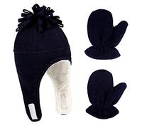 LACOFIA Bonnet en Molleton Chaud pour Bébé Garçon Ensemble Chapeau et Moufle de Pilote d'hiver à Oreillettes pour Enfants Bleu Marine 3-10 Ans