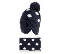 LACOFIA Bonnet et Echarpe Hiver pour Bébé Fille Ensemble Chapeau Chaud Enfant en Tricot avec Doublure en Polaire et Pompon Bleu Marine 1-2 Ans