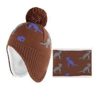 LACOFIA Bonnet et Echarpe Hiver pour Bébé Garçon Ensemble Chapeau Chaud Enfant en Tricot avec Doublure en Polaire et Pompon Dinosaure Marron 6-12 Mois