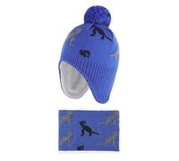 LACOFIA Bonnet et Echarpe Hiver pour Bébé Garçon Ensemble Chapeau Chaud Enfant en Tricot avec Doublure en Polaire et Pompon Dinosaure Bleu 2-4 Ans