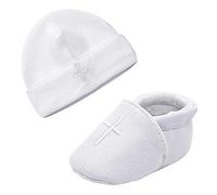 LACOFIA Chaussures de baptême bébé garçons antidérapantes à Semelle Souple et Bonnet brodés de bébé Naissance Blanc 3-6 Mois