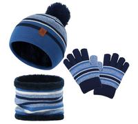 LACOFIA Ensemble Bonnet Écharpe et Gants pour Enfant Chapeaux Tricoté Pompon Tour de Cou à Doublure Polaire Chaude pour Garçons Filles 2-7 Ans Bleu