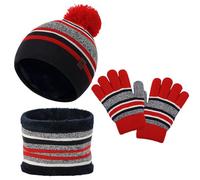 LACOFIA Ensemble Bonnet Écharpe et Gants pour Enfant Chapeaux Tricoté Pompon Tour de Cou à Doublure Polaire Chaude pour Garçons Filles 2-7 Ans Rouge