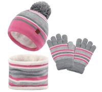 LACOFIA Ensemble Bonnet Écharpe et Gants pour Enfant Chapeaux Tricoté Pompon Tour de Cou à Doublure Polaire Chaude pour Filles 2-7 Ans Rose