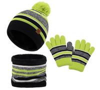 LACOFIA Ensemble Bonnet Écharpe et Gants pour Enfant Chapeaux Tricoté Pompon Tour de Cou à Doublure Polaire Chaude pour Garçons Filles 2-7 Ans Vert