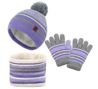 LACOFIA Ensemble Bonnet Écharpe et Gants pour Enfant Chapeaux Tricoté Pompon Tour de Cou à Doublure Polaire Chaude pour Filles 2-7 Ans Violet Clair