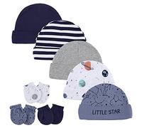LACOFIA Ensemble de Bonnets Naissance et Moufles 100% Coton Chapeau et Anti Griffures Gants pour Bébé Garçons 8 PCS Ciel étoilé Bleu 0-6 Mois