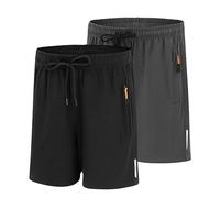 LACOFIA Lot de 2 Shorts D'été Légers à Séchage Rapide pour Enfant Garçon avec Poches à Fermeture Éclair Taille Élastique Noir+Gris 8-9 Ans