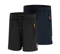 LACOFIA Lot de 2 Shorts D'été Légers à Séchage Rapide pour Enfant Garçon avec Poches à Fermeture Éclair Taille Élastique Noir+Bleu Marine 8-9 Ans