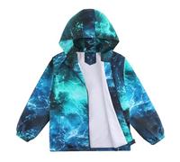 LACOFIA Veste Imperméable Enfant Garçon Veste Coupe Vent à Capuche Blouson de Pluie Léger Doublé de Maille pour Enfant Vague Bleu 11-12 ans