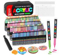 Laconile 240 Marqueurs Acryliques à Pointe Pinceau - Trousse Portable, Nuancier de Couleurs & 20 Pointes de Rechange, Feutre Acrylique Liquide Direct- Idéal pour Céramique, Coloriage (240markers+1bag)
