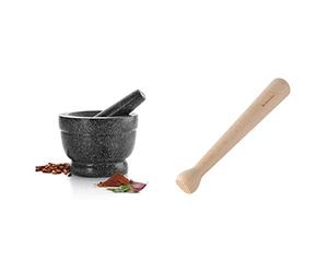 Lacor 60516 Mortier Avec Pilon en Granite 16 cm x 12 cm & Fackelmann 49512 Pilon en Bois Pour Cocktails et Mojitos 22,3 x 3,1 cm