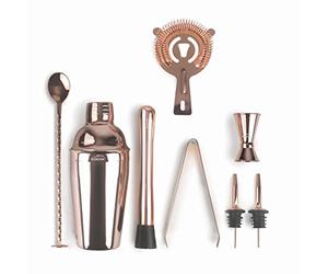 Lacor - 62182 - Kit Cocktail, Shaker, Ustensiles de cocktail, Design portable, Sans BPA, Support en bambou, Pour professionnels et amateurs, Acier inoxydable 18/10, 8 pcs, Finition cuivre