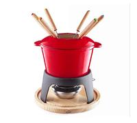 Lacor - 71711 - Service à fondue en fer forgé émaillé, support en fer avec base en bois, adapté à l'induction, 6 fourchettes Ø 16,5 x 10 cm (1,7 litres), Rouge