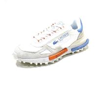 Lacoste Elite Active Chaussures de sport rétro pour course à pied, blanc/bleu, nylon et daim, semelle en caoutchouc, légères, Blanc, bleu clair, beige, orange, 42 EU
