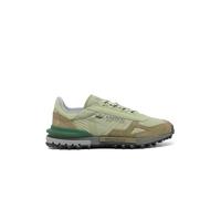 Lacoste Elite Active Chaussures de sport rétro Running, kaki gris, nylon et daim, semelle en caoutchouc texturé, profil bas, Vert kaki avec détails gris et beige, 45 EU