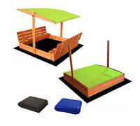 Ladanas® bac à Sable Enfant en Bois fermé de 140x140 cm avec bancs-bac a Sable avec Couvercle- Bois de pin imprégné -bac à Sable avec Toit surbaissé -1 bâche de Protection 1 bâche Isolante Vert