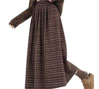LADFRTYU Jupe pour Femme Mi-Longue Grande Taille Midi Plaid a-Ligne Jupe élastique Laine Style Artistique Trajet décontracté Saison d'hiver Corps en Forme de Poire(Brown,M)