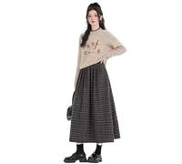 LADFRTYU Jupe pour Femme Mi-Longue Grande Taille Midi Plaid a-Ligne Jupe élastique Laine Style Artistique Trajet décontracté Saison d'hiver Corps en Forme de Poire(Black,XL)