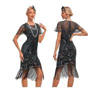 LADFRTYU Robe à Franges Robe à Paillettes Vintage Style clapet, idéale for Un Cocktail, Une soirée, Mariage, Danse ou des Perles(Black Silver,S)