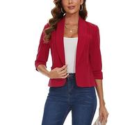 LADI TREND Blazer ouvert sur le devant pour femme - Veste de costume à manches 3/4 froncées - Cardigan décontracté avec poches plaquées, R-rouge, XL