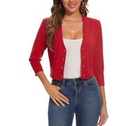 LADI TREND Boléro à manches 3/4 avec boutons pour femme - Pull court en tricot avec quatre boutons - Style vintage, R-rouge, S