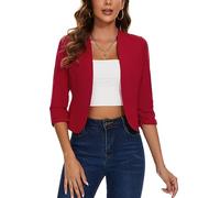 LADI TREND Veste blazer courte pour femme sans col & costumes & blazers avec ouverture sur le devant - Manches 3/4 froncées - Vêtement extérieur - Demi-lin - Cardigan, R-rouge, XL