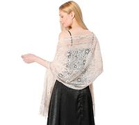 Ladiery Châle en dentelle florale avec pompons, écharpe à franges en maille douce pour robe de soirée de mariage, B-beige., 72.8" x 24.8" (185 x 63 cm)